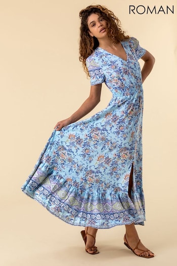Roman Blue Button Through Floral Maxi Dress (P57437) | £47