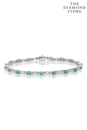 The Diamond Store Green Emerald and Lab Diamond Tennis Bracelet Claw Set in 925 Silver (P61096) | £399