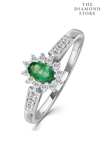 The Diamond Store Green Emerald Ring with Lab Diamonds in 925 Silver - 5 x 3mm Centre (P61102) | £185