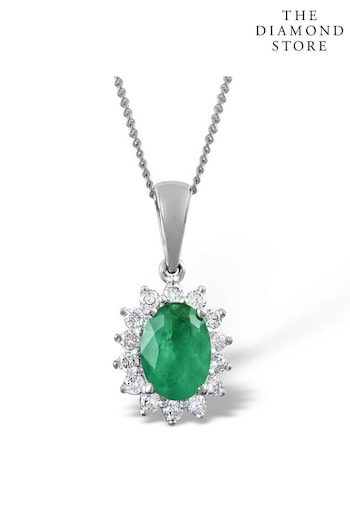 The Diamond Store Green Emerald Pendant Necklace and Lab Diamonds in 925 Silver 7 x 5mm Centre (P61104) | £249