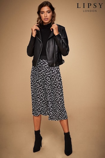 Lipsy Black Petite Printed Pleated Midi Skirt (P61114) | £26