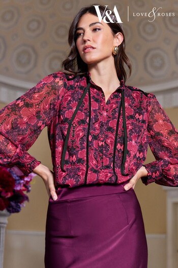 V&A | Love & Roses Red Petite Printed Contrast Neck Tie Long Sleeve Blouse (P62200) | £39