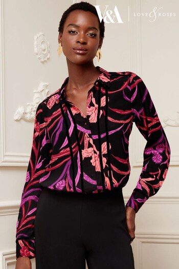 V&A | Love & Roses Black and Pink Printed Velvet Trim Long Sleeve Button Through Shirt (P62213) | £39