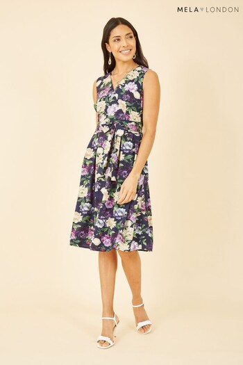 Mela Navy Blue Multi Floral Wrap Sleeveless Skater Dress (P63610) | £40
