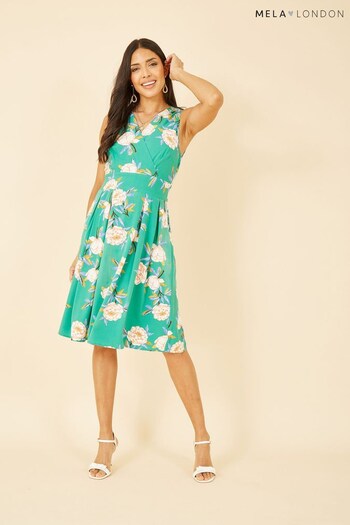 Mela Green Multi Floral Wrap Over Sleeveless Skater Dress (P63611) | £40