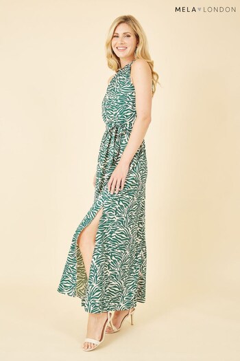 Mela Green Zebra Print Halter Neck Maxi Dress (P63616) | £40