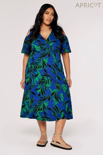 Apricot Blue & Green Tropical Palm Cold Shoulder Dress (P63746) | £40