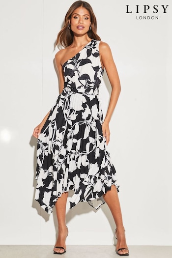 Lipsy Black and White One Shoulder Belted Pleated Midi Dress (P63769) | £79