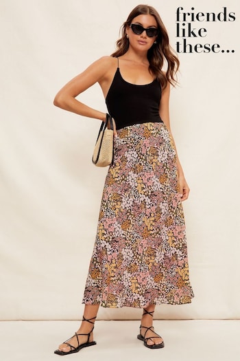 Friends Like These Black Floral Printed Bias Cut Midi Skirt (P63898) | £30
