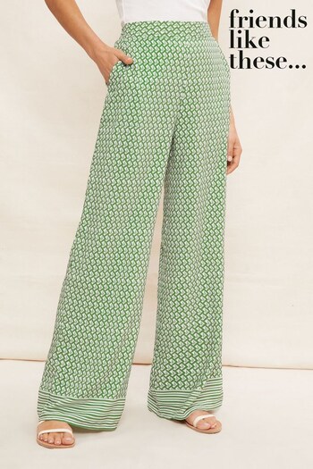 BB & CC cream Green Print Wide Leg Trousers (P63907) | £32
