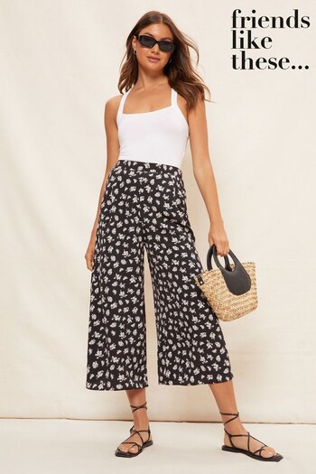 Friends Like These Black Floral Woven Wide Leg Culotte Trousers (P63911) | £30