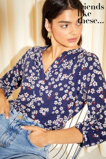 Friends Like These Navy Blue Print V Neck 3/4 Sleeve Blouse (P63921) | £30