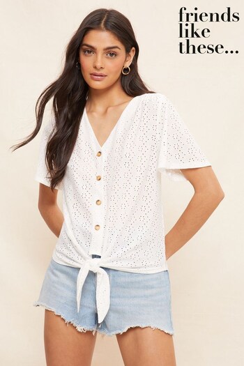 Friends Like These White Tie Front Jersey Button Through Broderie T-Shirt (P63926) | £28