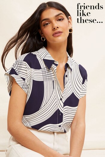 A-Z Womens Brands Navy Printed Short Sleeve Button Through Shirt (P64495) | £30