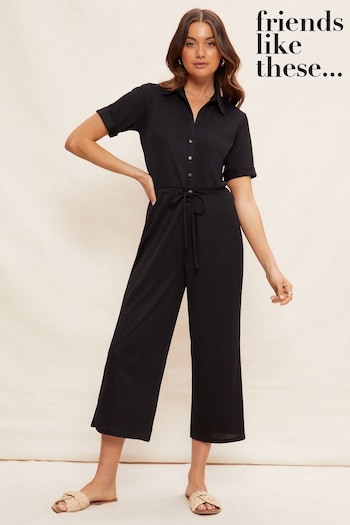 Friends Like These Black Jersey Short Sleeve Button Up Wide Leg Jumpsuit (P67269) | £42