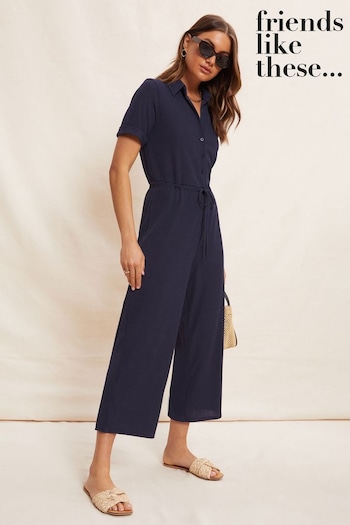 Friends Like These Navy Jersey Short Sleeve Button Up Wide Leg Jumpsuit (P67300) | £42