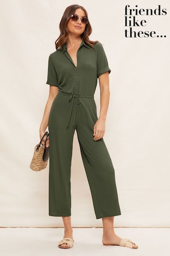 Friends Like These Khaki Green Jersey Short Sleeve Button Up Wide Leg Jumpsuit (P67301) | £39