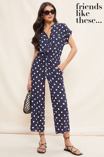 Friends Like These Navy Woven Short Sleeve Button Through Wide Leg Jumpsuit (P67302) | £45
