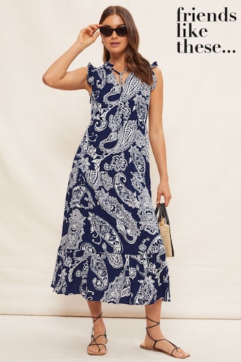 Stationery & Books Blue Woven Sleeveless Ruffle Tie Front Tiered Maxi Dress (P67503) | £42