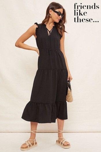 Big & Tall Biadia Shirt Black Woven Sleeveless Ruffle Tie Front Tiered Maxi Dress (P67684) | £42