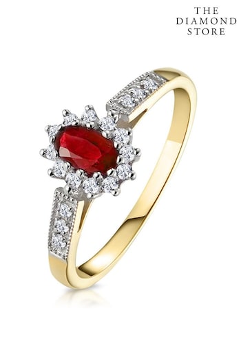 The Diamond Store Red Ruby 5 x 3mm And Diamond 9K Gold Ring (P67845) | £299