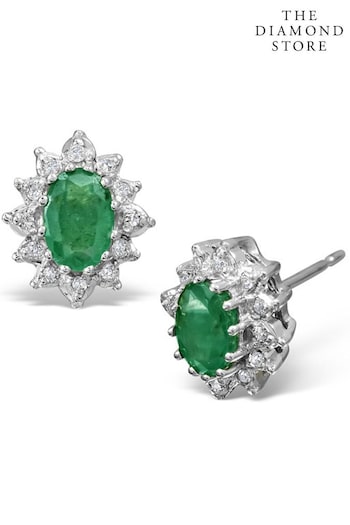 The Diamond Store Green Emerald 6 x 4mm And Diamond Cluster 9K White Gold Earrings (P67856) | £439
