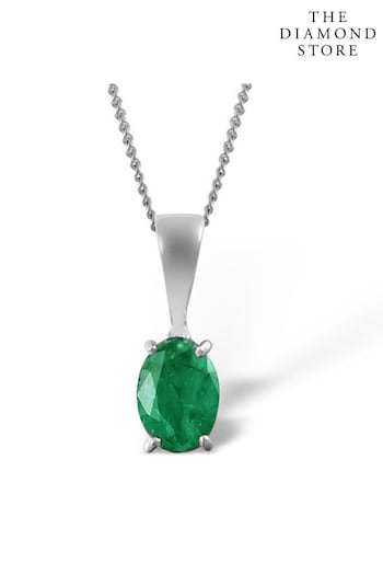 The Diamond Store Green Emerald 7 x 5mm Pendant Necklace Set in 9K White Gold (P67859) | £329