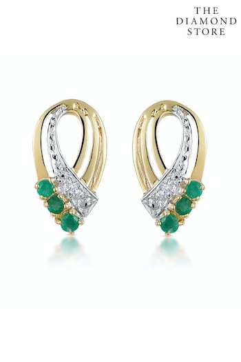 The Diamond Store Green Emerald 8 x 15mm And Diamond 9K Yellow Gold Earrings (P67877) | £219
