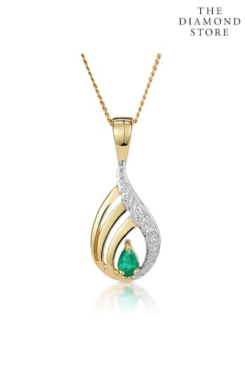 The Diamond Store Green Emerald 4 x 3mm And Diamond 9K Yellow Gold Pendant Necklace (P67878) | £185