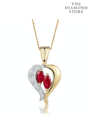 The Diamond Store Red Ruby 5 x 3mm And Diamond 9K Yellow Gold Pendant Necklace (P67880) | £225