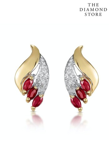 The Diamond Store Red Ruby 4 x 2mm And Diamond 9K Yellow Gold Earrings (P67881) | £249