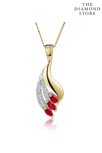 The Diamond Store Red Ruby 4 x 2mm And Diamond 9K Yellow Gold Pendant Necklace (P67882) | £219