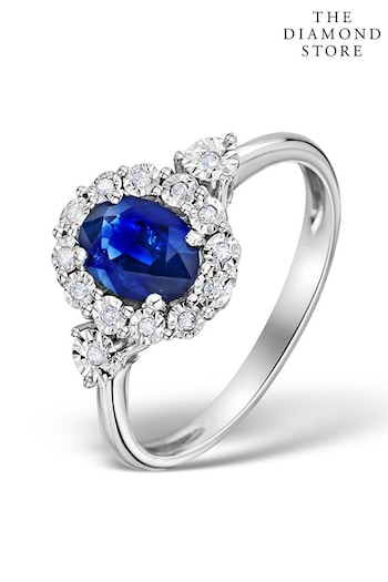 The Diamond Store Blue Sapphire 7 x 5mm and Diamond 9K White Gold Ring (P67890) | £499