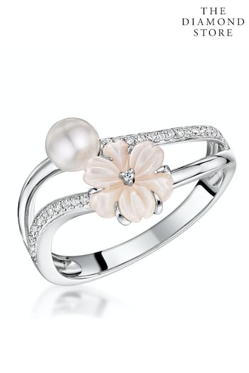 The Diamond Store Pink 4.5mm Pearl with Shell and Diamond Stellato Ring in 9K White Gold (P67892) | £385