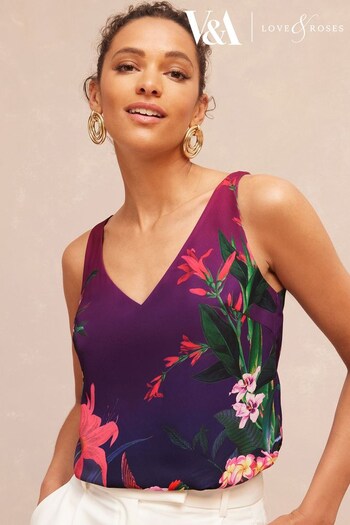 V&A | Love & Roses Purple Floral Print V Neck V Back Vest (P68195) | £28