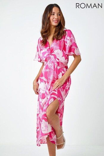 Roman Pink Floral Print Twist Front Midi Dress (P68451) | £60