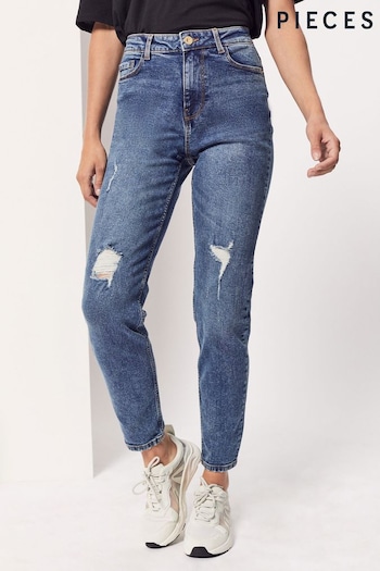PIECES Blue Distressed High Waisted Mom Jean (P69468) | £35