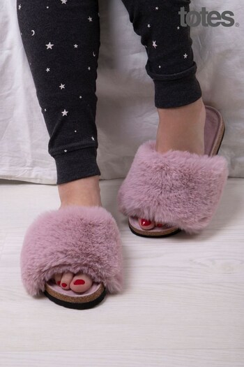 Totes Pink Ladies Cork Sole Faux Fur Slider Slippers (P69855) | £30