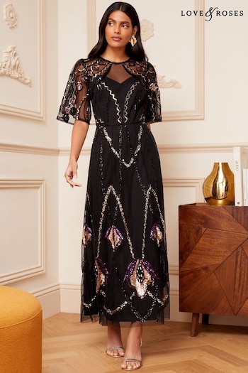 Love & Roses Black Multi Sequin Embellished Mesh Yoke Flutter Sleeve Midi Dress (P69919) | £125