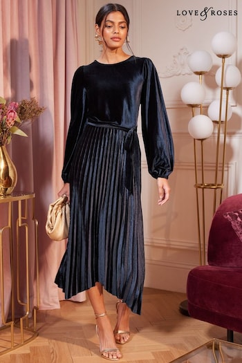 Tuxedos & Partywear Navy Velvet Hankie Hem Long Sleeve Pleated Midi Dress (P69927) | £64