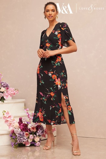 V&A | Love & Roses Navy Floral Flutter Sleeve V Neck Tie Back Split Midi Dress (P69997) | £56