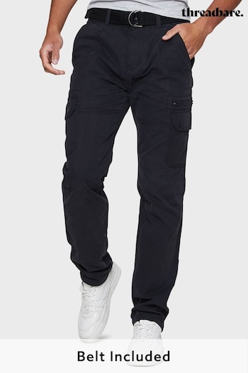 Threadbare Black Cotton Blend Belted Cargo Trousers (P70350) | £36