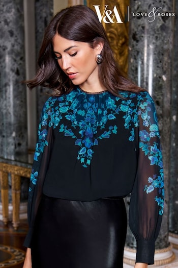 Love & Roses Black and Blue Printed Ruched High Neck Long Sleeve Chiffon Blouse (P70650) | £44