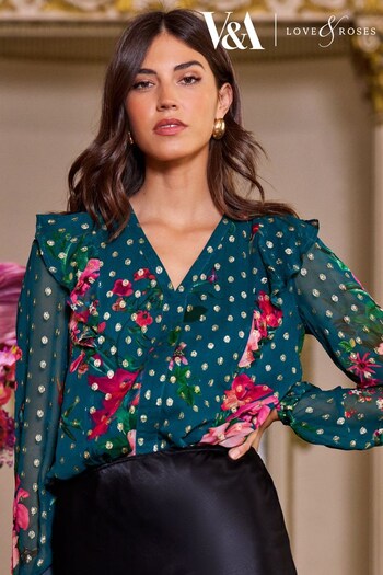 V&A | Love & Roses Teal Floral Petite Long Sleeve Metallic V Neck Ruffle Tie Back Top (P70687) | £38