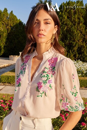 V&A | Love & Roses Pink Petite Floral Embroidered Ruffle V Neck Button Through Blouse (P70688) | £40