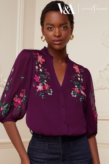 V&A | Love & Roses Berry Red Floral Embroidered Ruffle V Neck Button Through Blouse (P70693) | £42