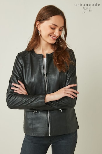 Urban Code Black Collarless Zip Detail  Leather Jacket (P71282) | £149