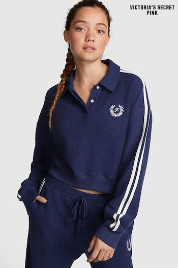 Victoria's Secret PINK Midnight Navy Blue Reverse Fleece Polo Sweatshirt (P71570) | £50