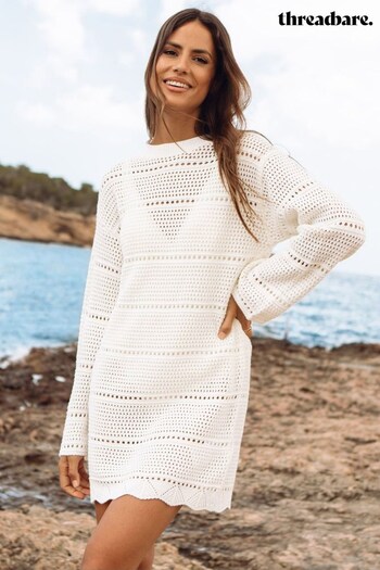 Threadbare White Crochet Long Sleeved Mini Dress (P72392) | £36