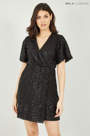 Mela Black Sequin Nabil Kimono Sleeve Wrap Dress (P73646) | £45